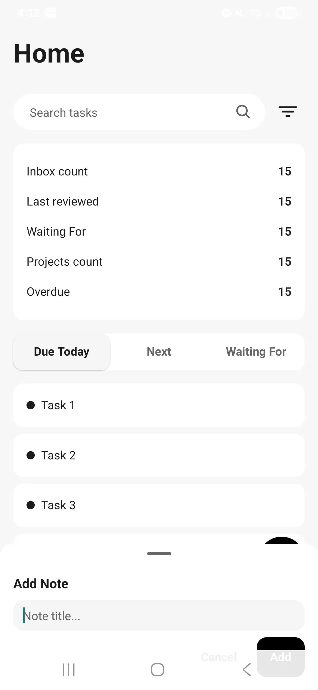 Ord GTD app home screen showing task stats, due today tab, and task list