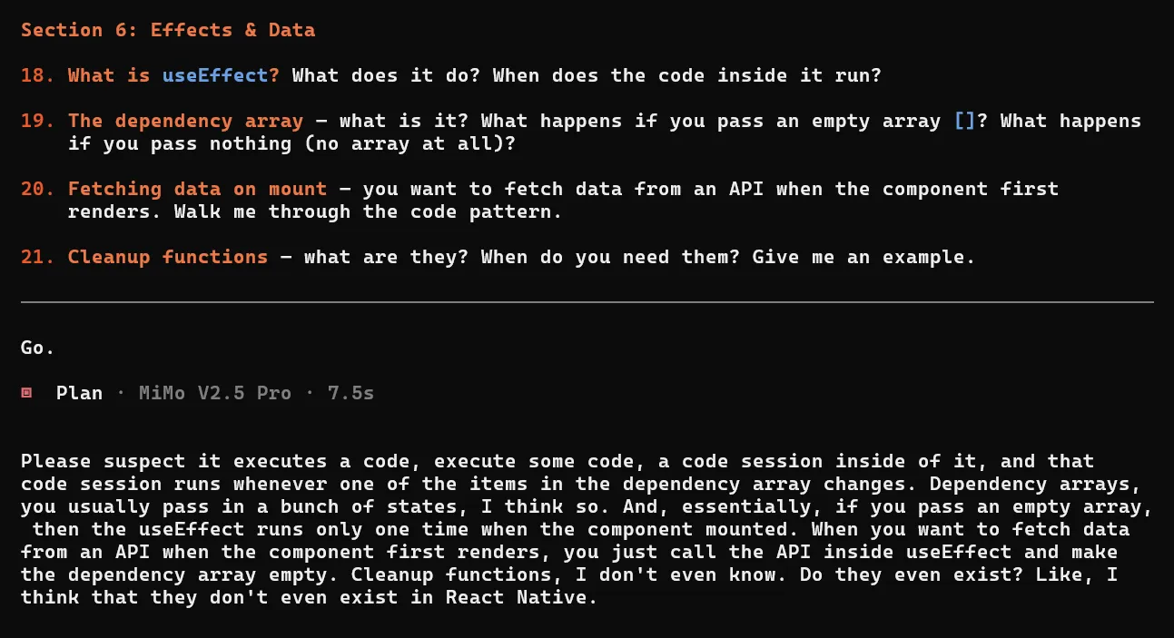 Quiz exchange showing the Effects and Data section, where I scored 1/10 on cleanup functions